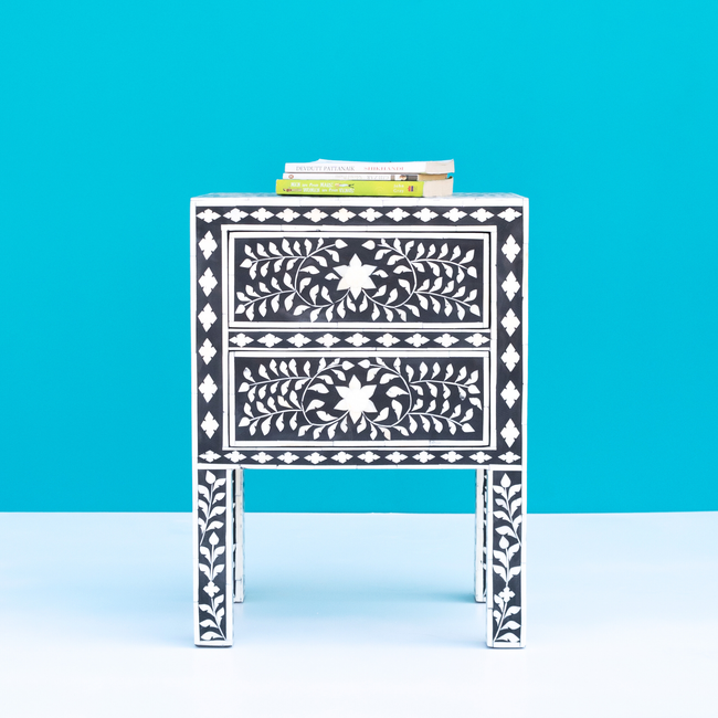 Heritage Black Bone Inlay Bedside Chest with 2 Drawers Main Image
