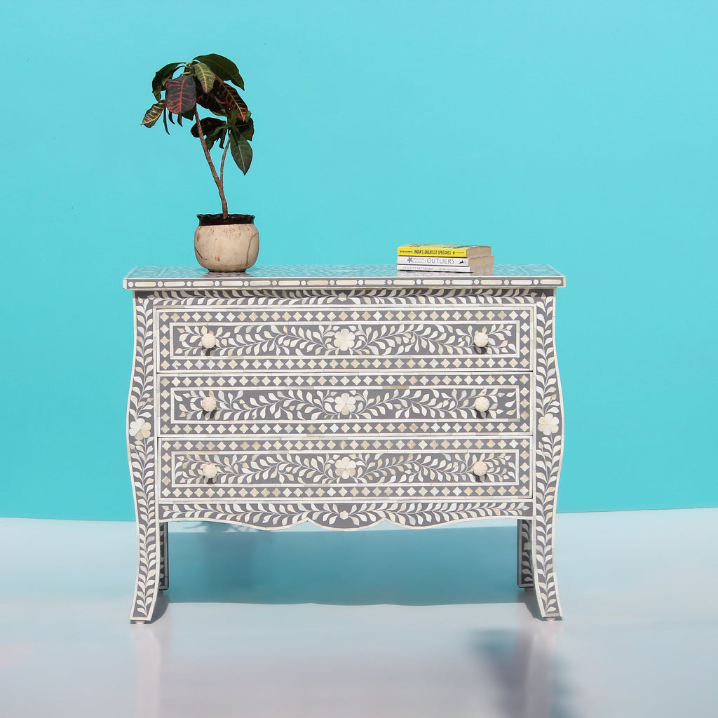 Virasat Grey & White Floral Bone Inlay Chest of 3 Drawer with French Colonial Curved Legs
