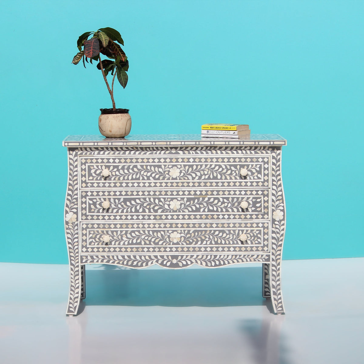 Virasat Grey & White Floral Bone Inlay Chest of 3 Drawer with French Colonial Curved Legs