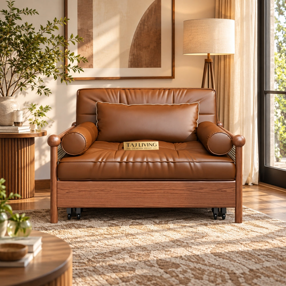 Rattan Weaving Armrests Leatherette Fabric Retro Sofa Bed with Underneath Storage