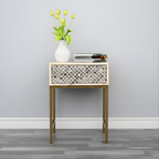 Stylish Grey Bone Inlay Bedside Table with Brass Finish Legs