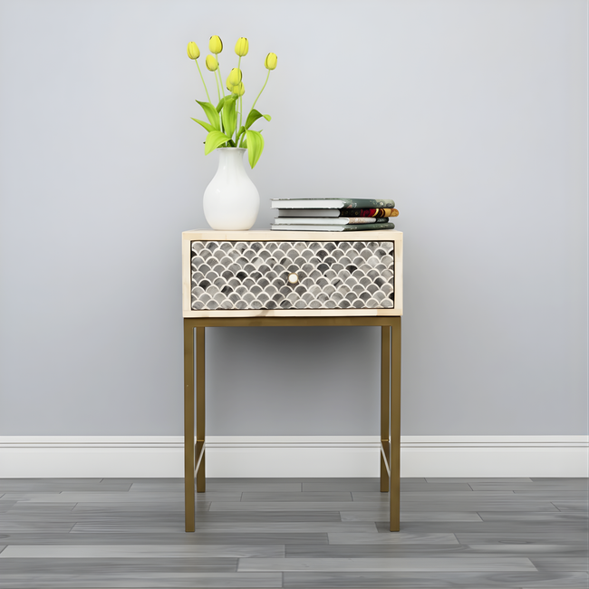 Stylish Grey Bone Inlay Bedside Table with Brass Finish Legs Hover Image