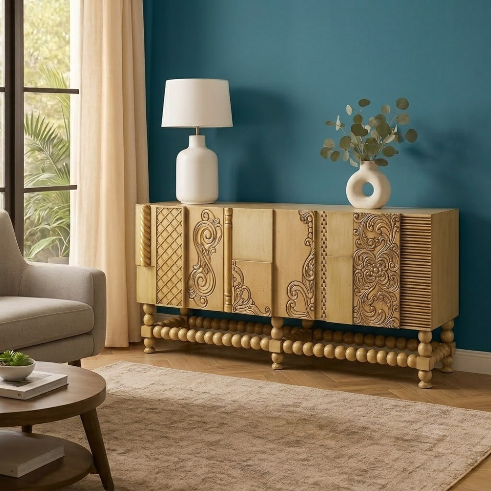 Marudhara Carved Wood Sideboard, Three Doors