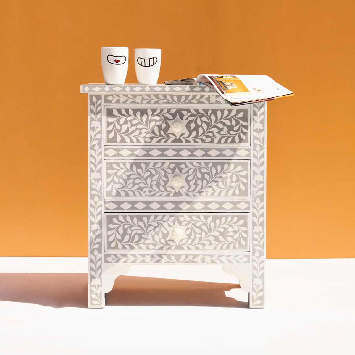 Classic Grey Bone Inlay 3-Drawer Bedside Chest