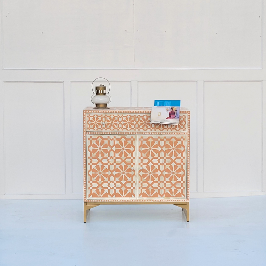 Nakashi Bone Inlay Floral Pattern Orange Cabinet with Metal Base