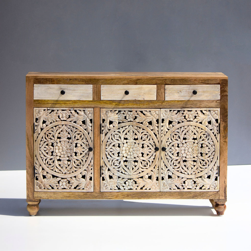 Motifs Mango Wood Floral Mandala Sideboard – 3 Door & 3 Drawer Buffet