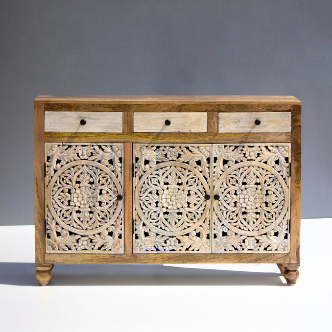 Motifs Mango Wood Floral Mandala Sideboard – 3 Door & 3 Drawer Buffet Main Image