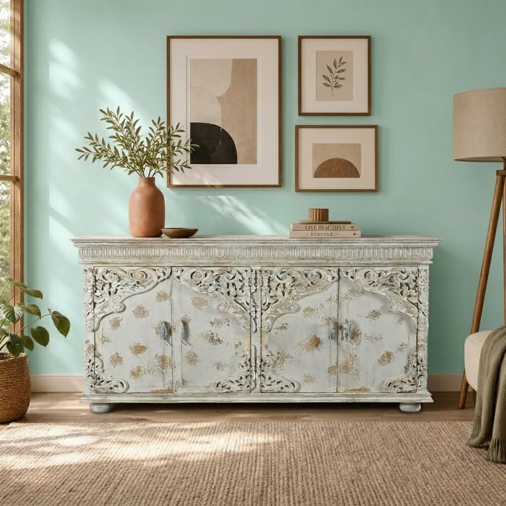 Darbar Hand Painted White Sideboard Cabinet with Crackle Finish