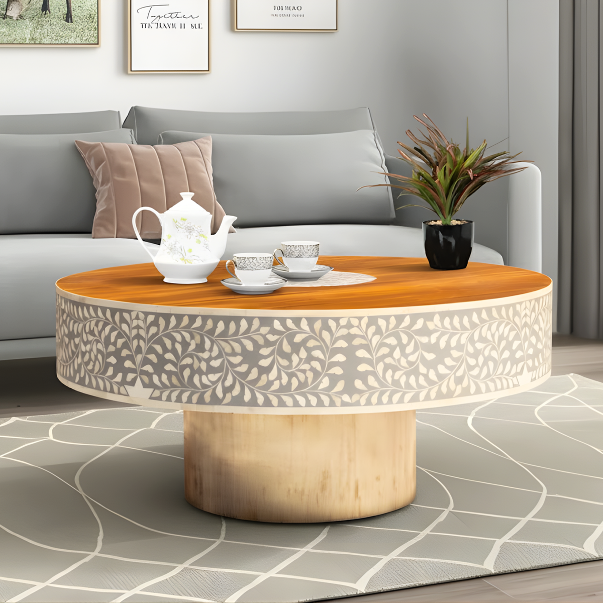 Royal Round Bone Inlay Coffee Table with Wooden Top