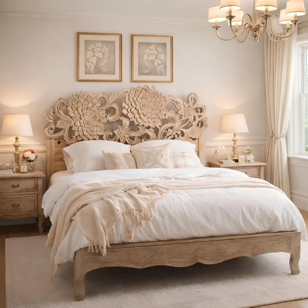 Parampara Hand Carved Solid Mango Wood Floral Bed for Bedroom