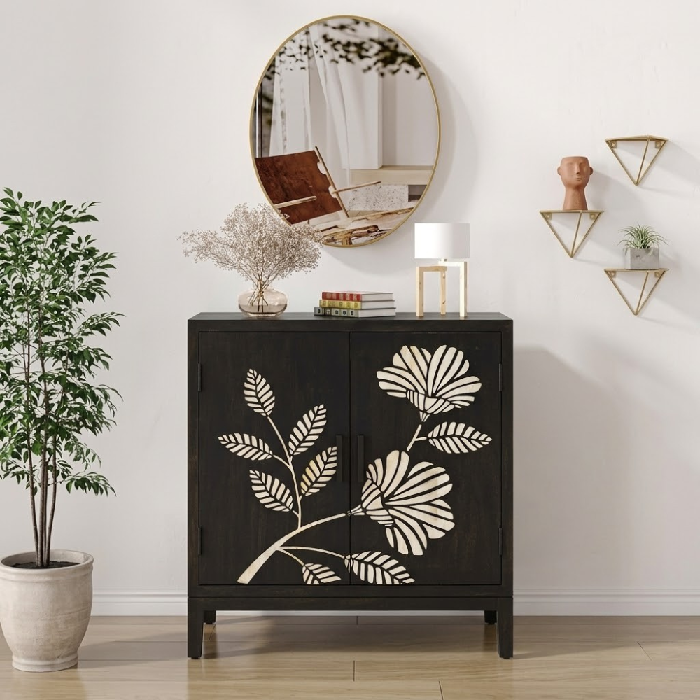 Sand Etched Mandana Floral Carved Wooden Cabinet
