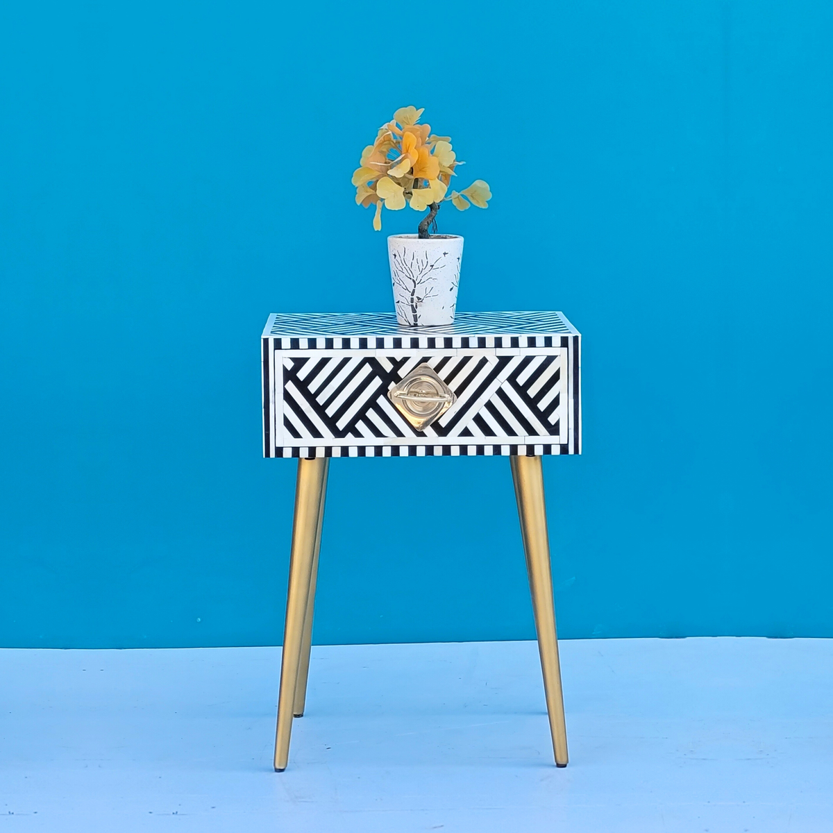 Charbagh Bone Inlay 1 Drawer Bedside Table Gold-Finish Legs