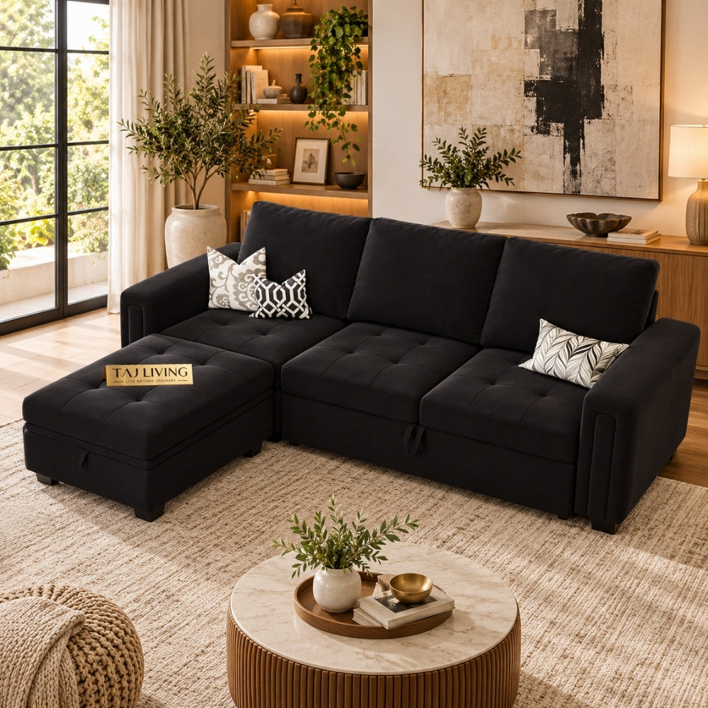 3-Seater Pull-Out Sofa Cum Bed with Storage Velvet Ottoman