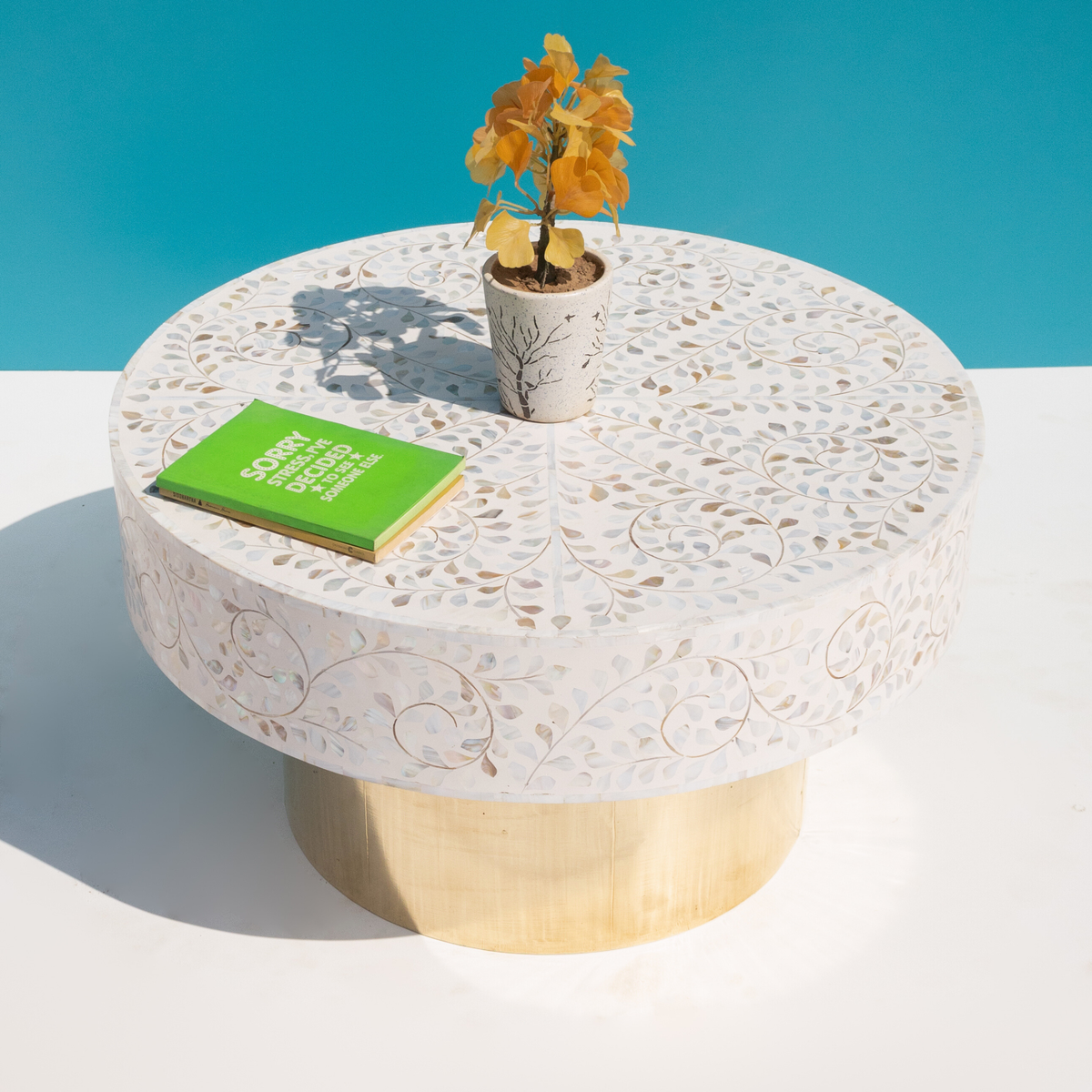 Luxury Mother of Pearl Inlay Round Coffee Table with Brass Base