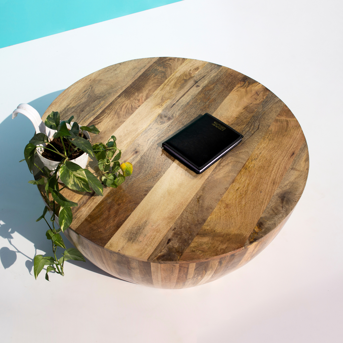 Rajtilak Natural Solid Wood Round Coffee Table – Handcrafted Drum Style
