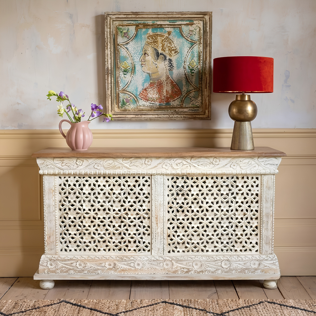 Rangriti Hand Carved Wooden Sideboard – Handcrafted Rajasthani Jali Cabinet