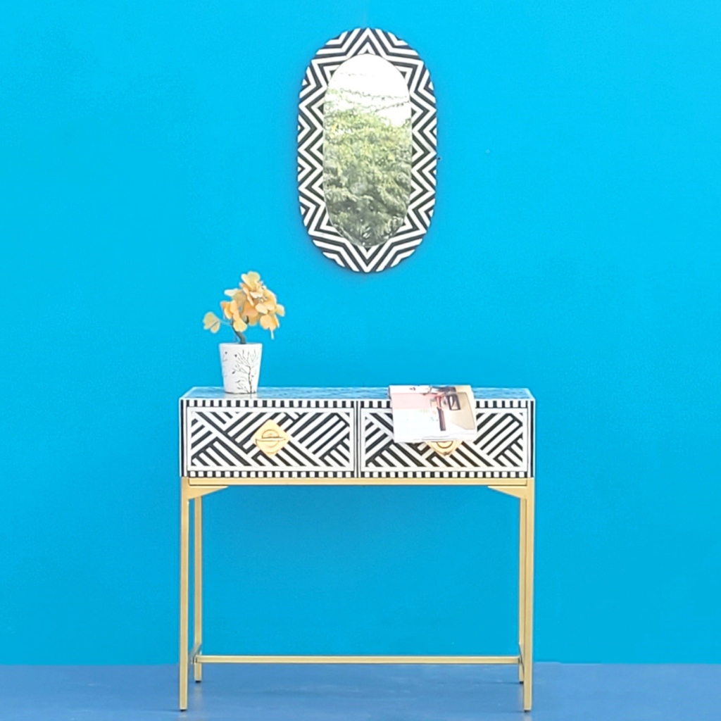 Taj Signature Black And White Bone inlay 2 Drawers Console Table