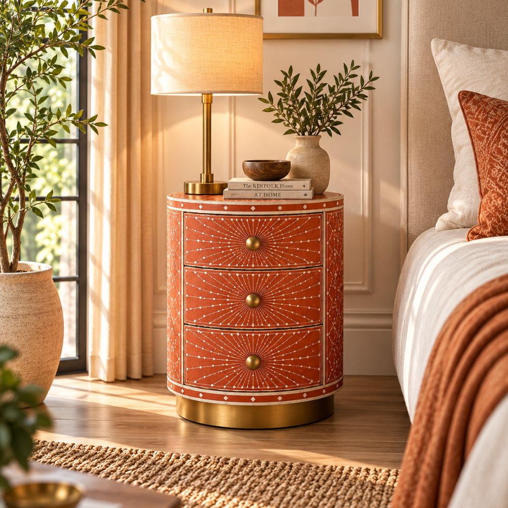 Round Bone Inlay Nightstand | Terracotta 3-Drawer Drum Table