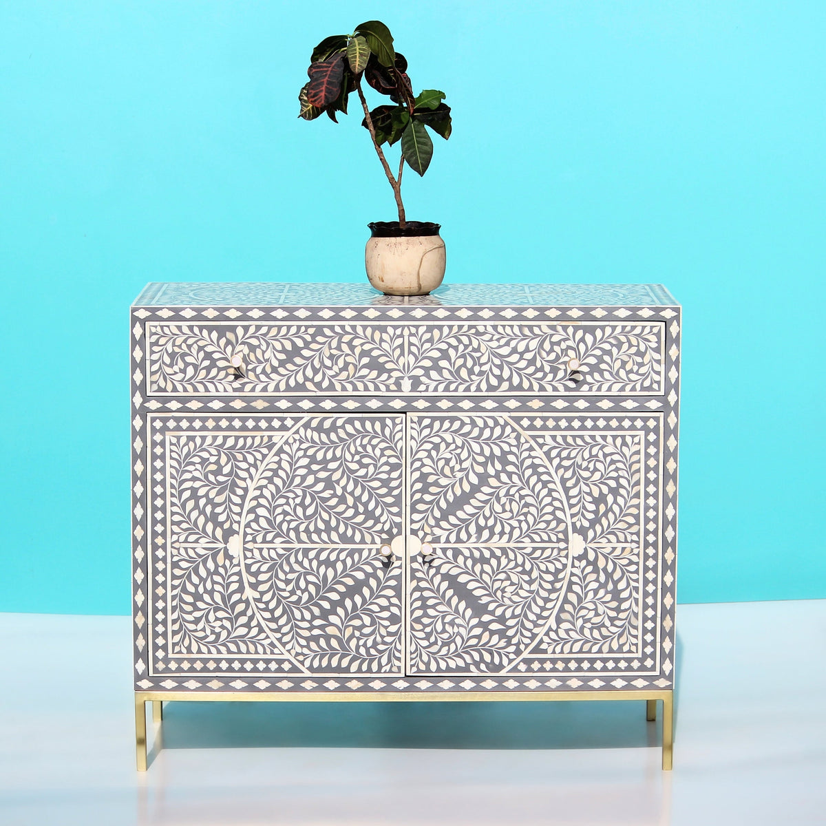 Prayagraj Floral Bone Inlay Cabinet with Gold-Finish Legs – 2 Door