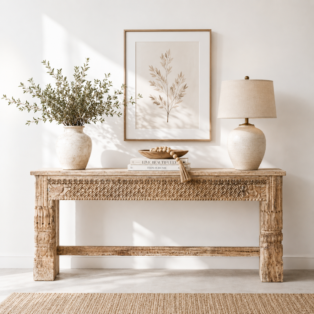 Sand Washed Mango Natural Finish Hand-Carved Console Table