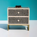 Ghoomar Black & White Geometric Bone Inlay 2-Drawer Bedside with Gold-Finish Legs