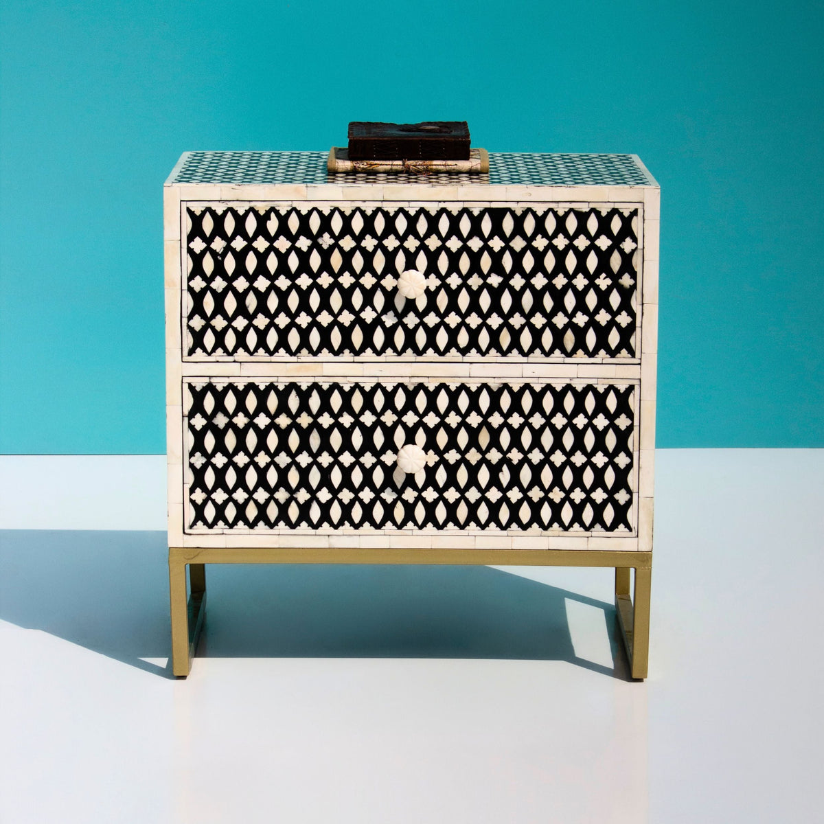 Ghoomar Black & White Geometric Bone Inlay 2-Drawer Bedside with Gold-Finish Legs