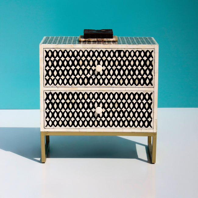 Ghoomar Black & White Geometric Bone Inlay 2-Drawer Bedside with Gold-Finish Legs Main Image