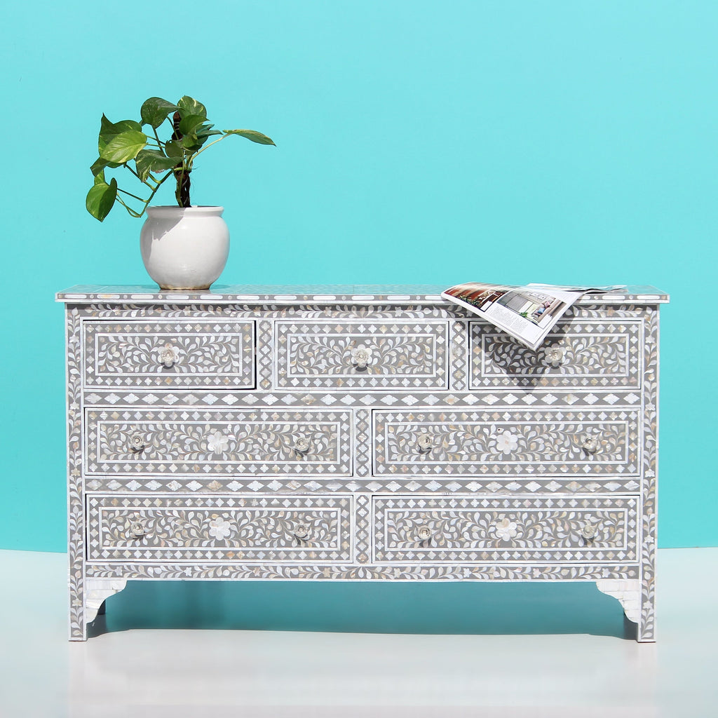 Charbagh Grey & White Floral Mother of Pearl Sideboard – Handcrafted 7-Drawer Cabinet