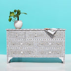 Charbagh Grey & White Floral Mother of Pearl Sideboard – Handcrafted 7-Drawer Cabinet