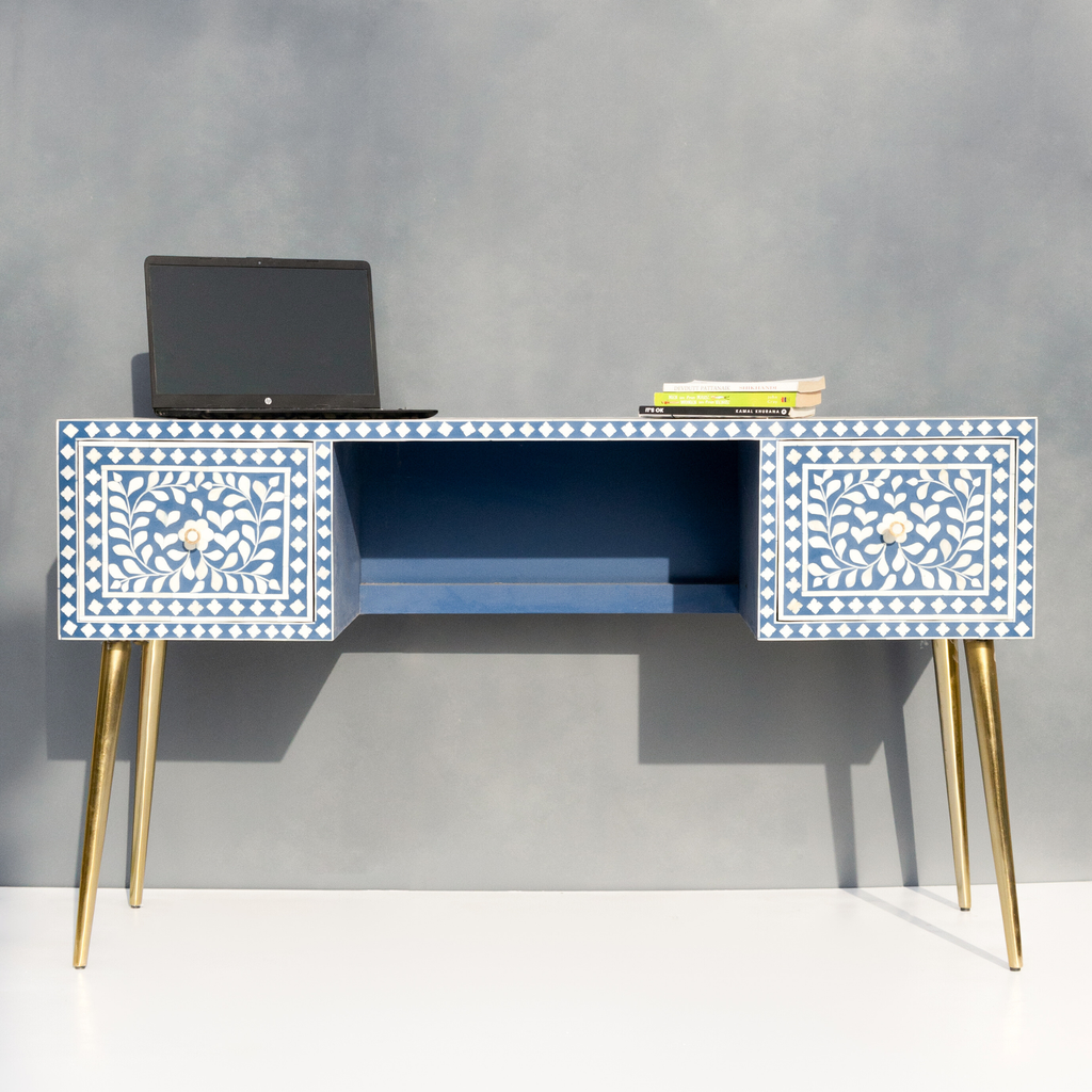 Handmade Bone inlay Floral Study Desk / Console Table and Brass-Finished Legs