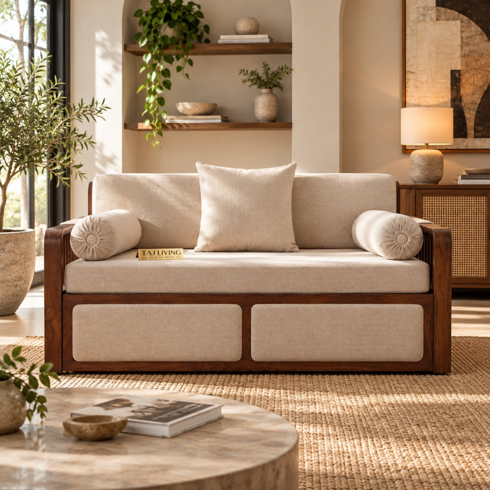 Vaastu 3-Seater Teak Wood Sofa Cum Bed in Premium Upholstery with Cane Weaving & Brass Accents