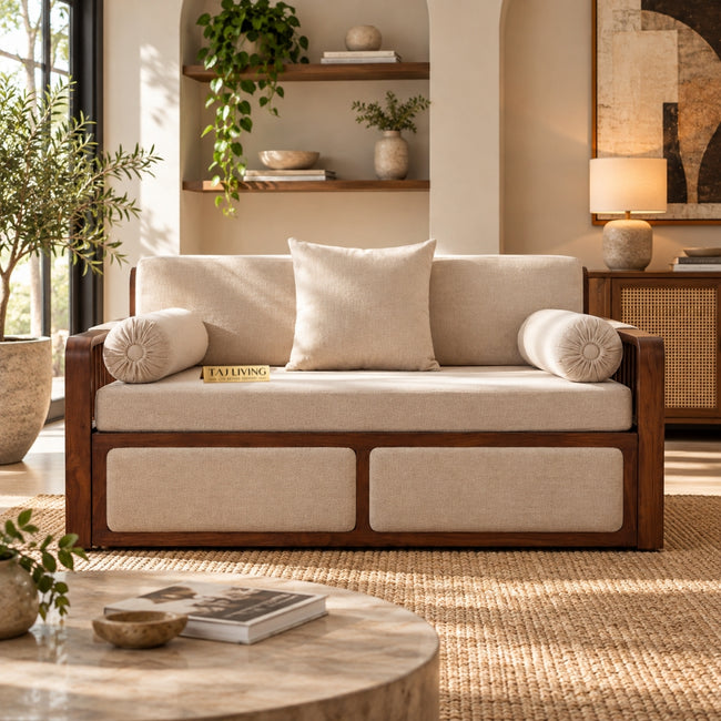 Vaastu 3-Seater Teak Wood Sofa Cum Bed in Premium Upholstery with Cane Weaving & Brass Accents Hover Image