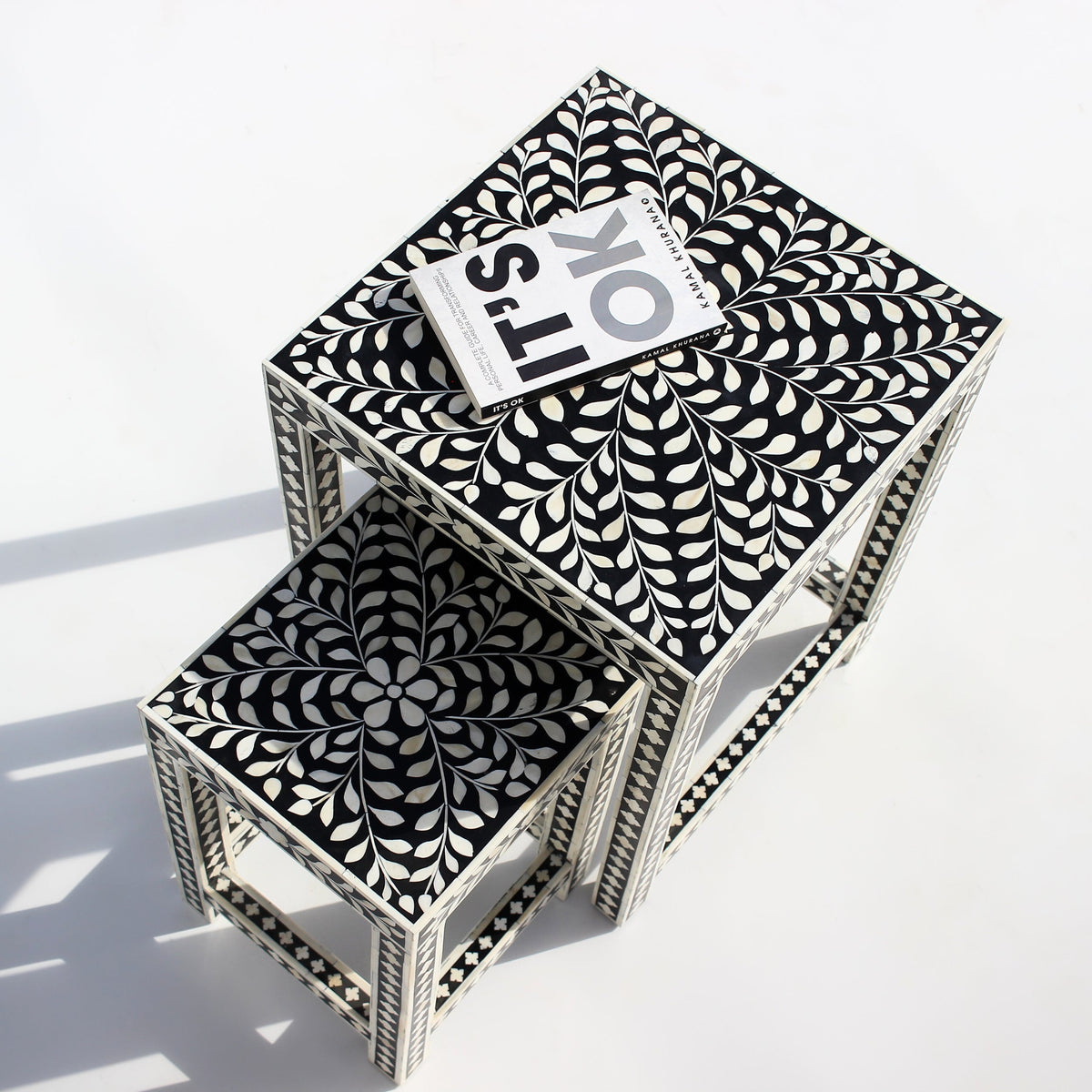 Naqshika Coffee Table – Black & Ivory Geometric Inlay Set of 2