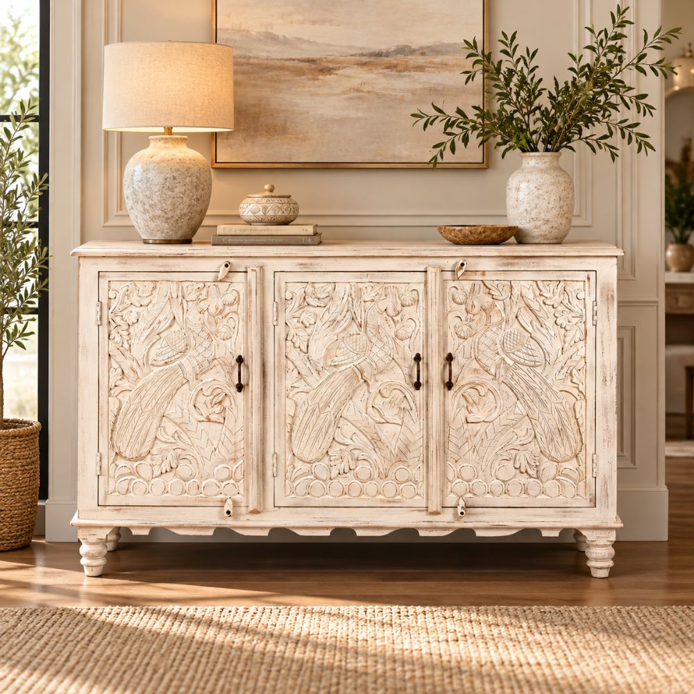 Jharokha Hand-Carved Whitewashed Mango Wood Cabinet