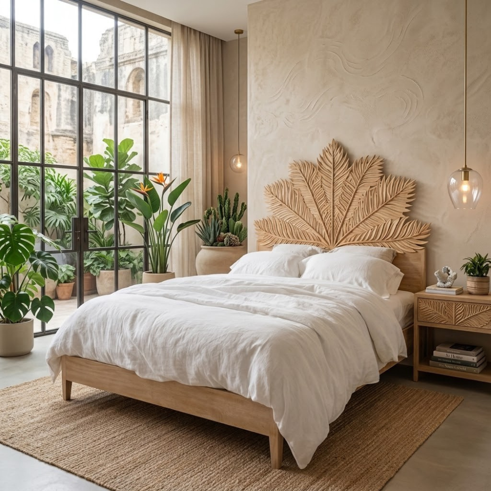 Maharani Hand-Carved Wood Super King Bed – Botanical Leaf Motif Wooden Bed Frame