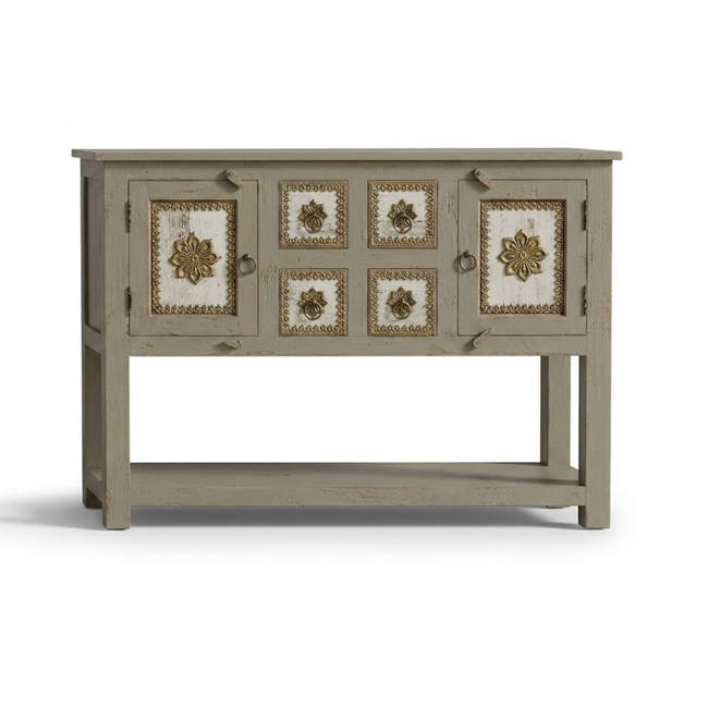 Modern Solid Wood & Brass Accent Console With Drawers Main Image