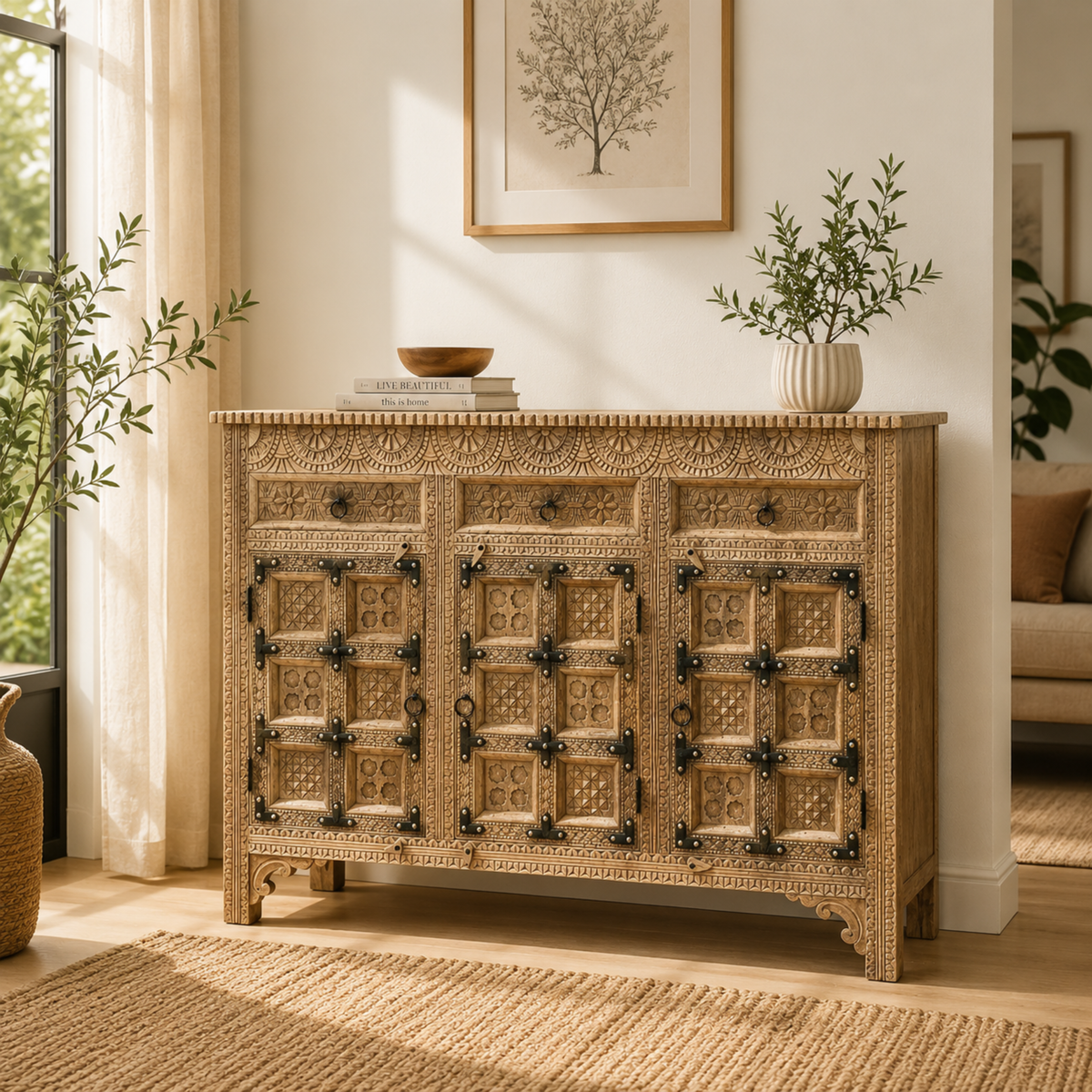 Royal Carved Solid Mango Wood Sideboard Storage Cabinet