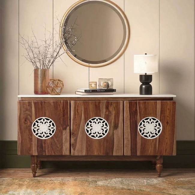Mandana 3-Door Carved Wood Marble Sideboard – Handcrafted Floral Storage Cabinet Hover Image