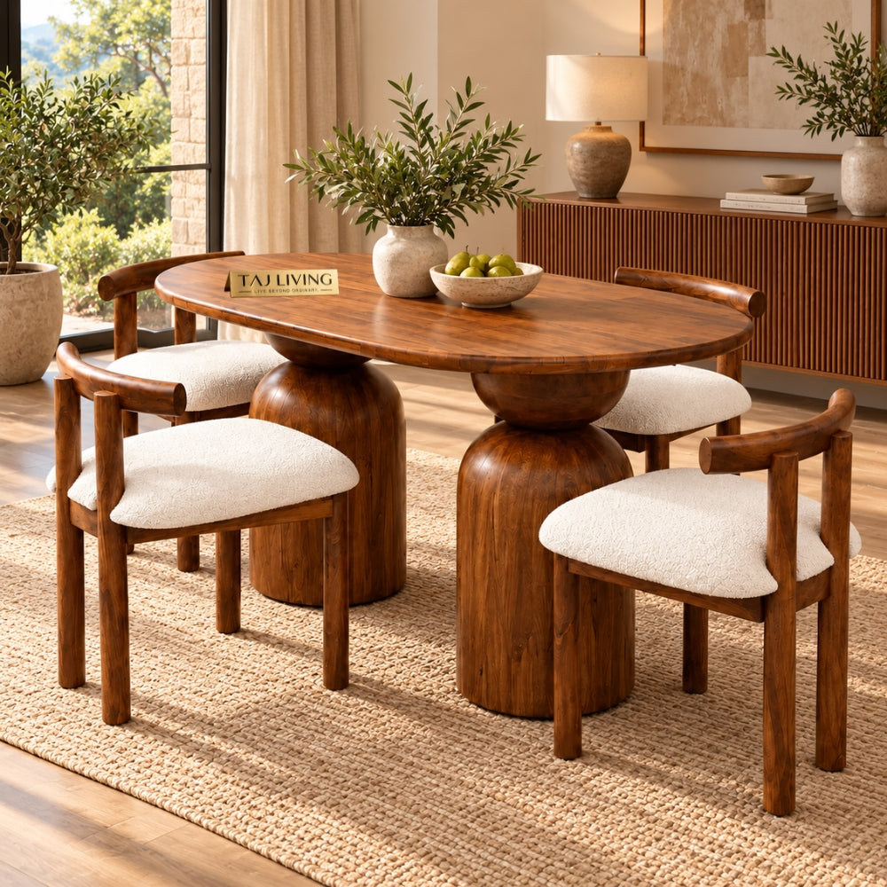 Darbar Wood Round Table with 4 Matching Chairs Dining Set