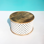 Ivory Carved Diamond Pattern Round Coffee Table with Natural Wood Top