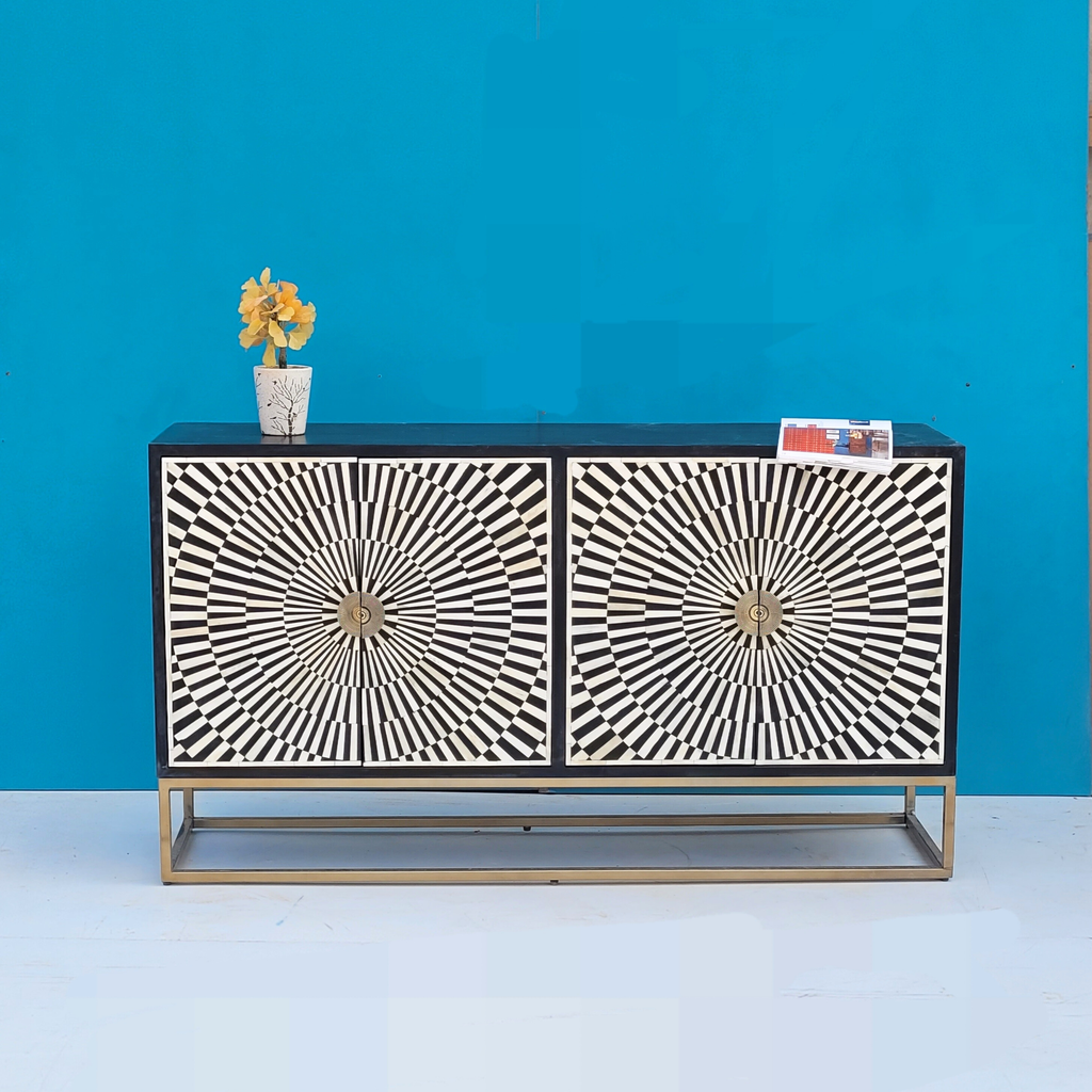 Dharohar Black and White Bone inlay Sideboard with Hinged Storage Doors