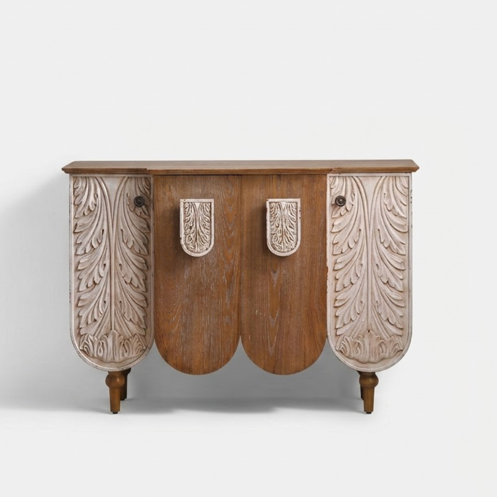 Rajwada Wave Shape Wooden Carving Storage Cabinet with Door