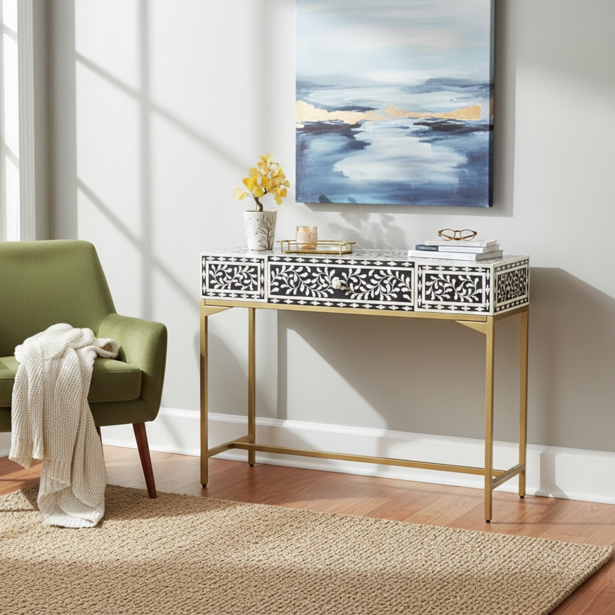 Regal Black & White Floral Bone Inlay Console Table with Gold-Finish Base