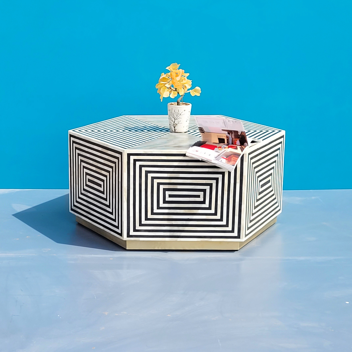 Bone Inlay Hexagon Coffee Table Geometric Pattern