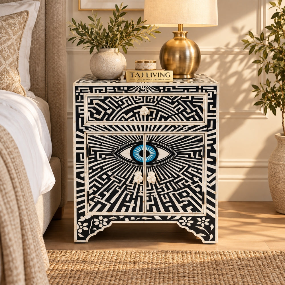 Kashvi Handmade Bone Inlay Nightstand | Black Floral Round Bedside Table