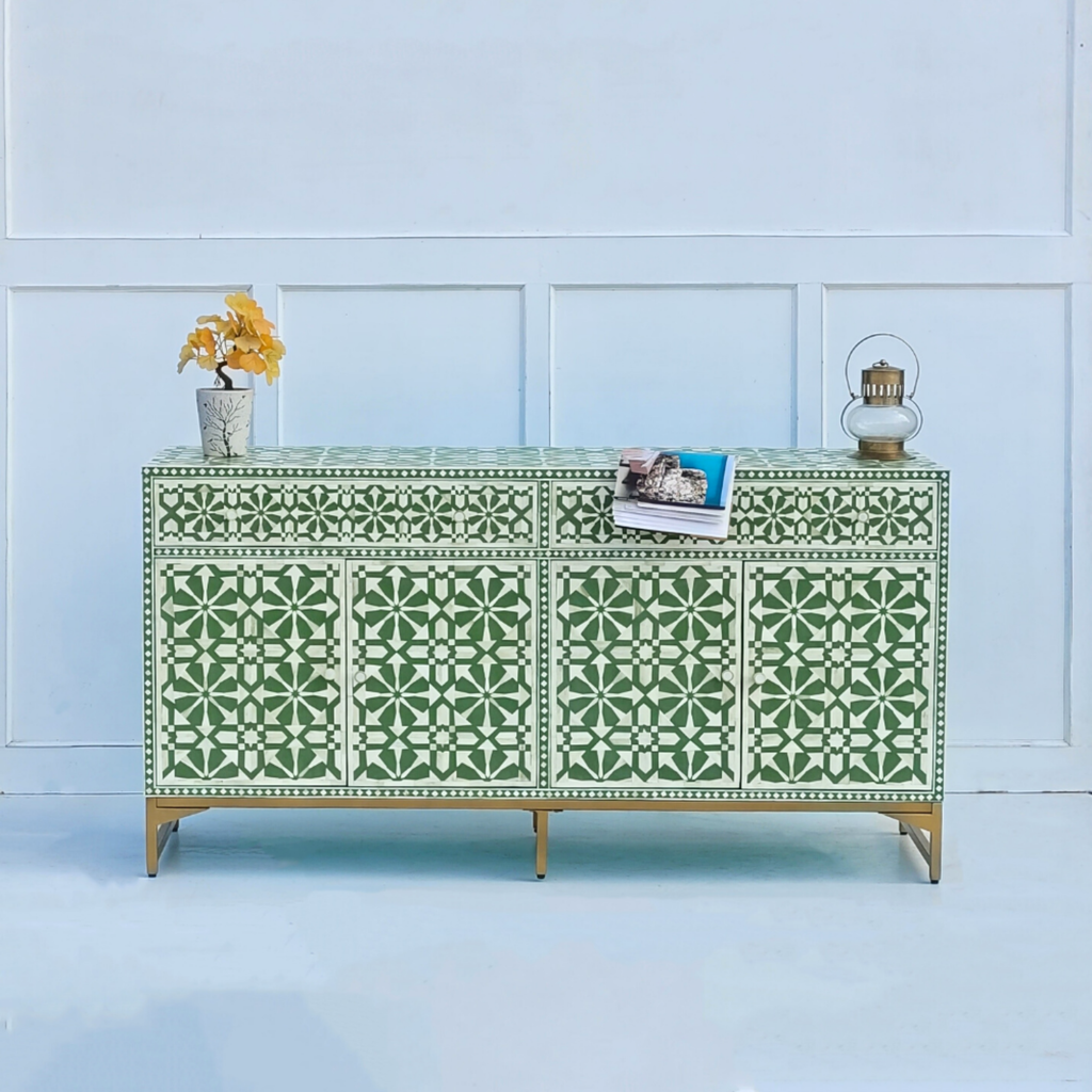 Rajdarbar Bone Inlay Floral Storage Sideboard with 3 Smooth-Glide Drawers