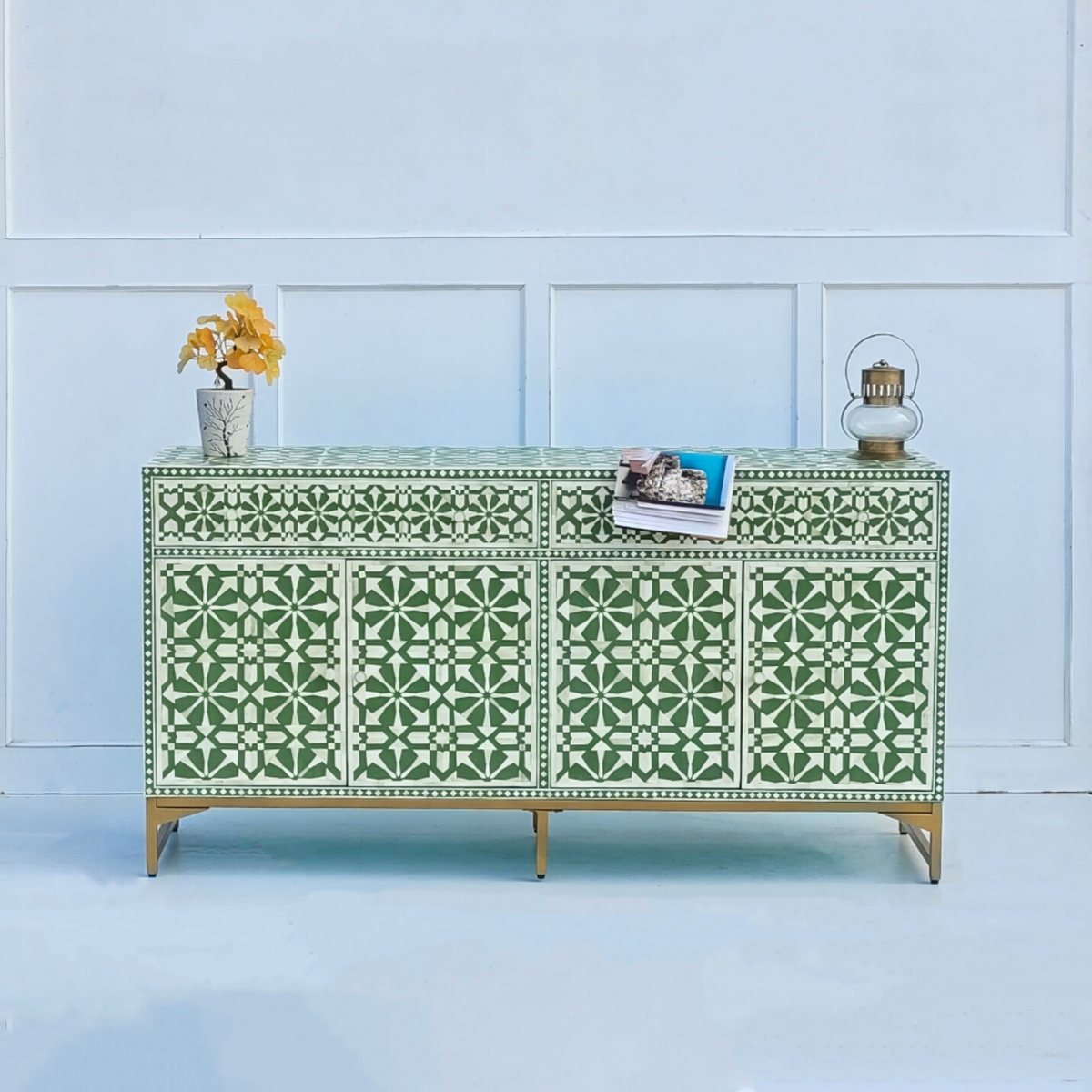 Rajdarbar Bone Inlay Floral Storage Sideboard with 3 Smooth-Glide Drawers