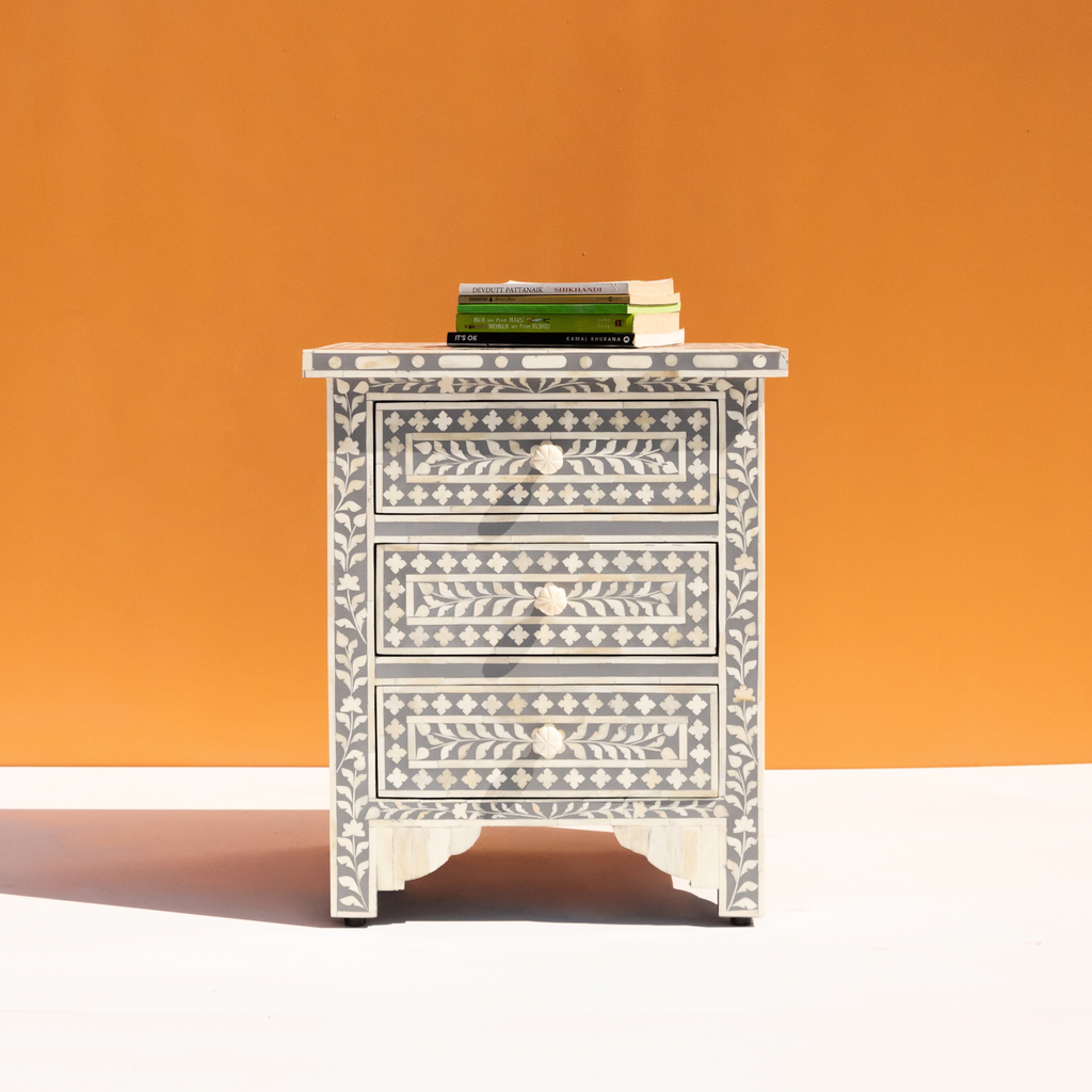 Handcrafted Grey Bone Inlay 3 Drawer Bedside Table