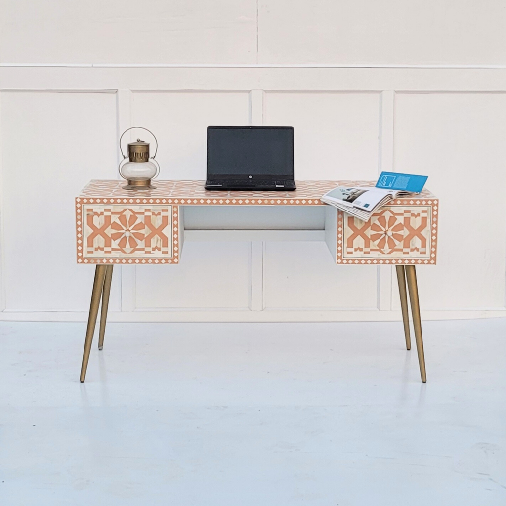 Warli Peach and White Floral Bone Inlay 2-Drawer Office/Home Desk