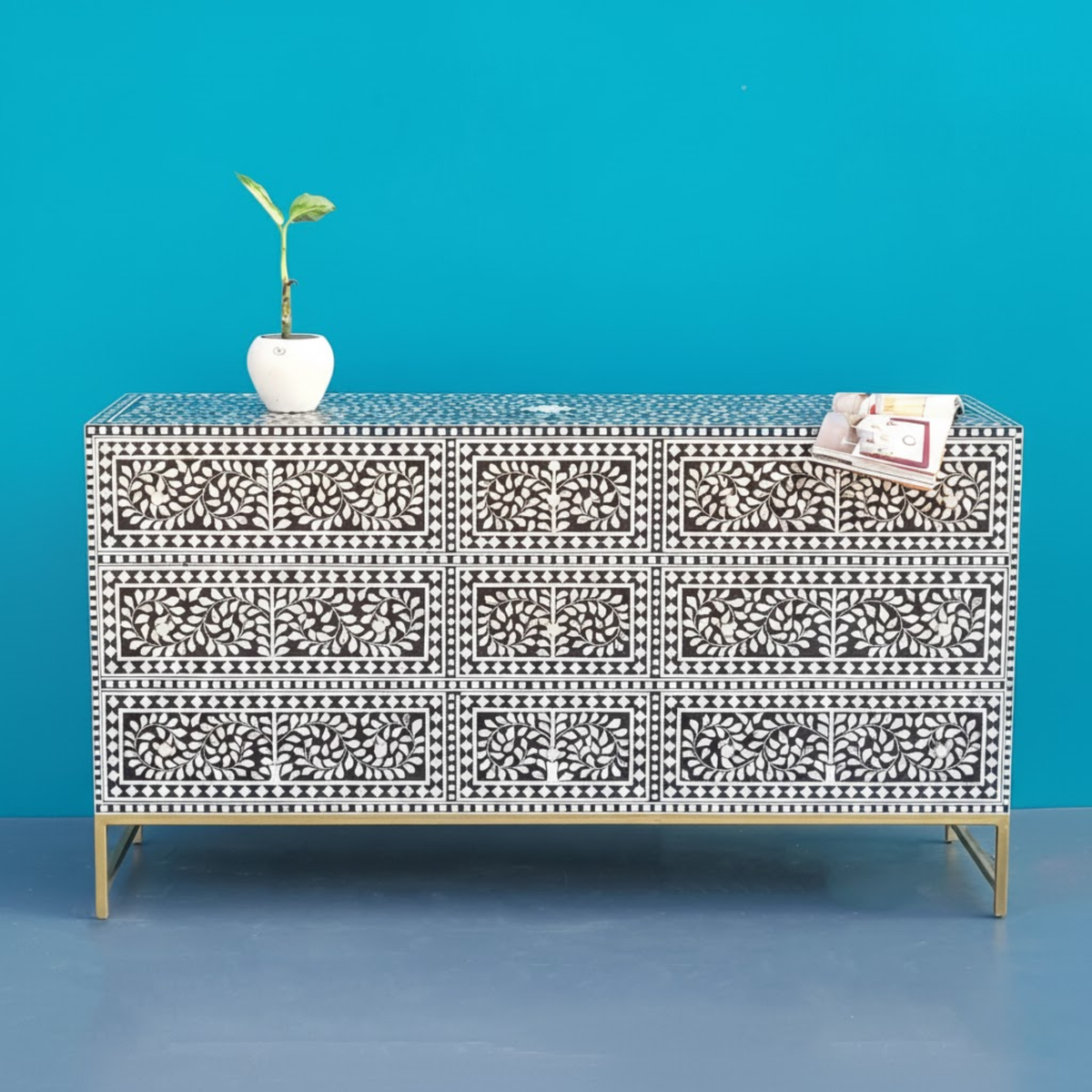 Rang Mahal Mother of Pearl 9 Drawer Floral Sideboard / Chest of Drawers